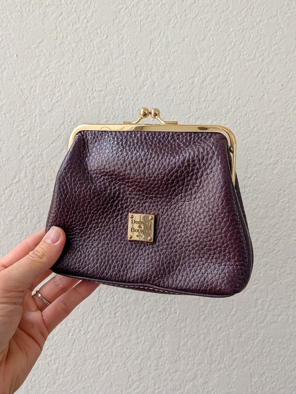 Dooney & Bourke Pebble Grain Leather Kisslock Large Frame Plum Coin Purse Wallet